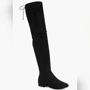 NEW NIB Boohoo Black Faux Suede Lois Wide Fit Over The Knee Tie Back Boots